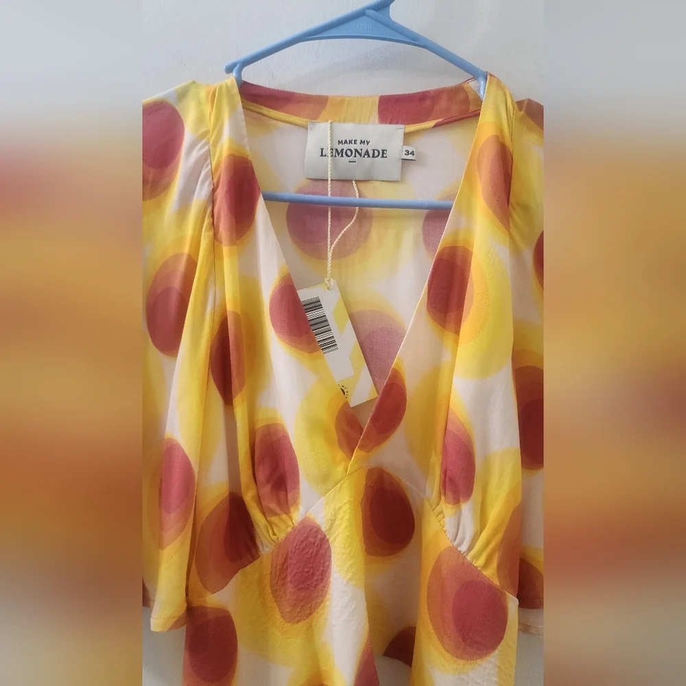 New Lemonade Yellow and Red Polka‎ Dot Top, Size 34.